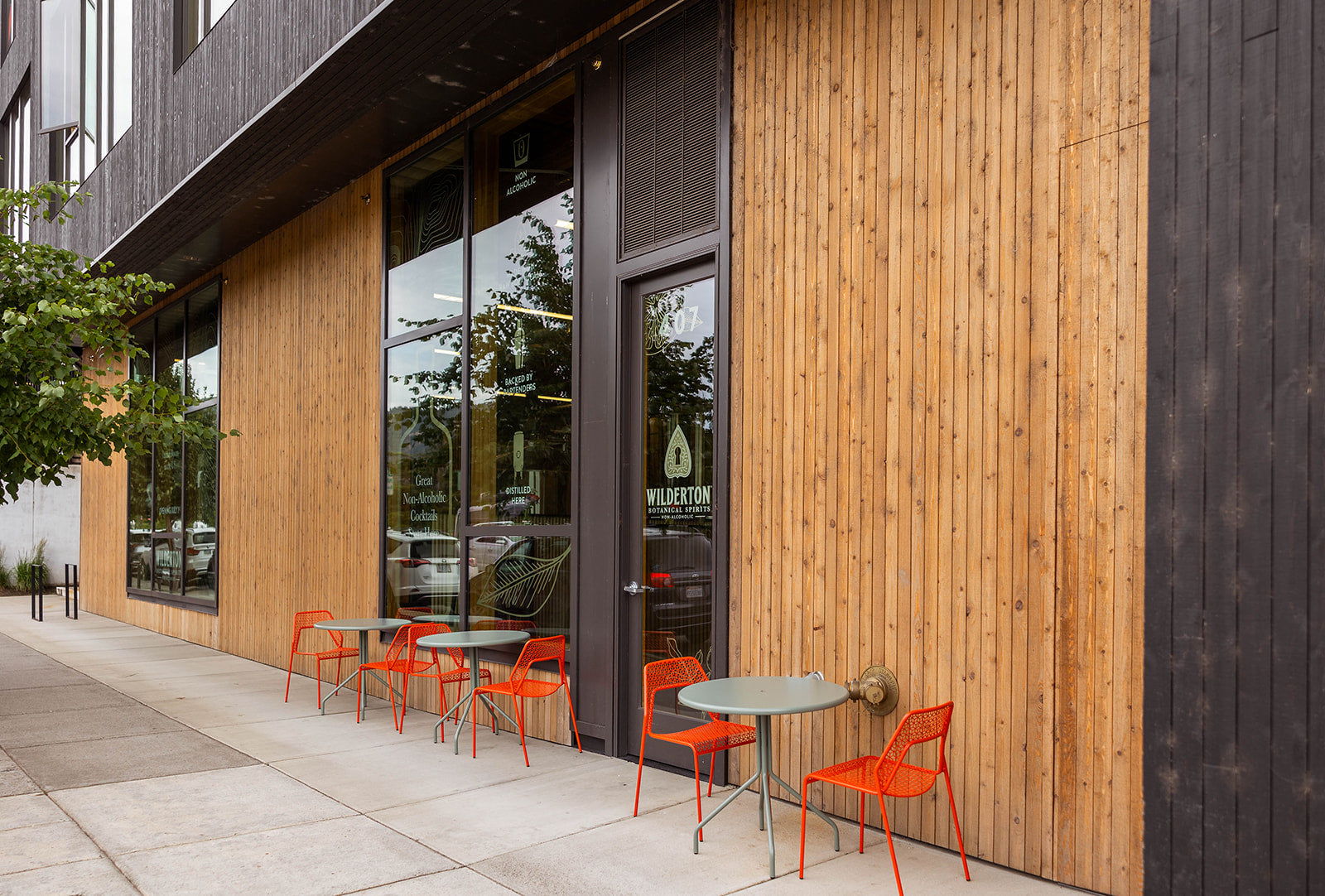 exterior shot of the tasting room, with sidewalk seating